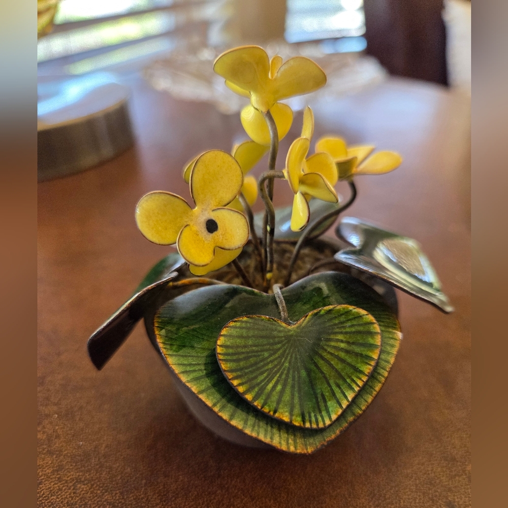 Bovano Of Cheshire Connecticut Enamel On Copper Yellow Violet In Clay Pot.